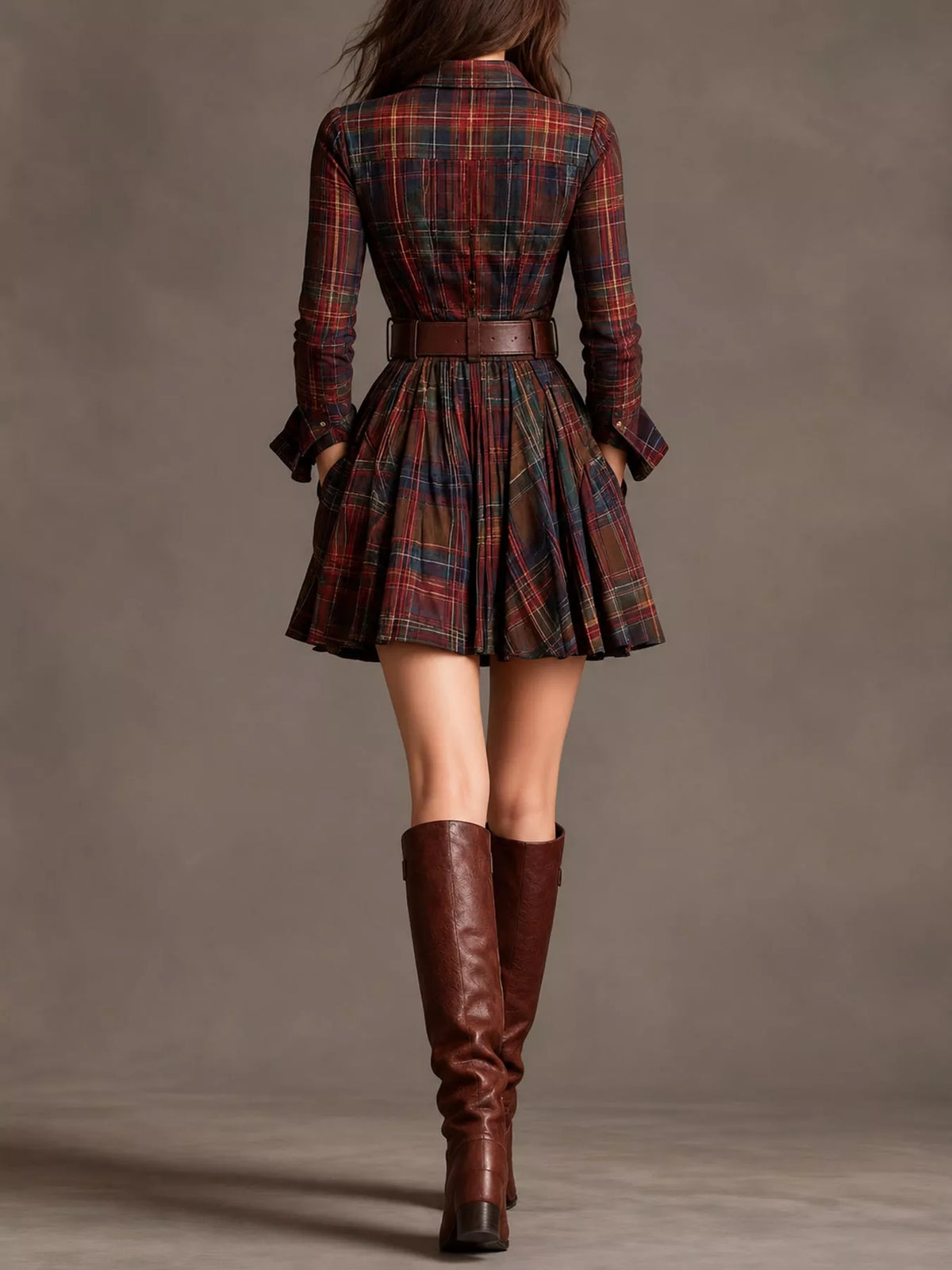 Plaid Long-Sleeve Shirt Dress with Belt