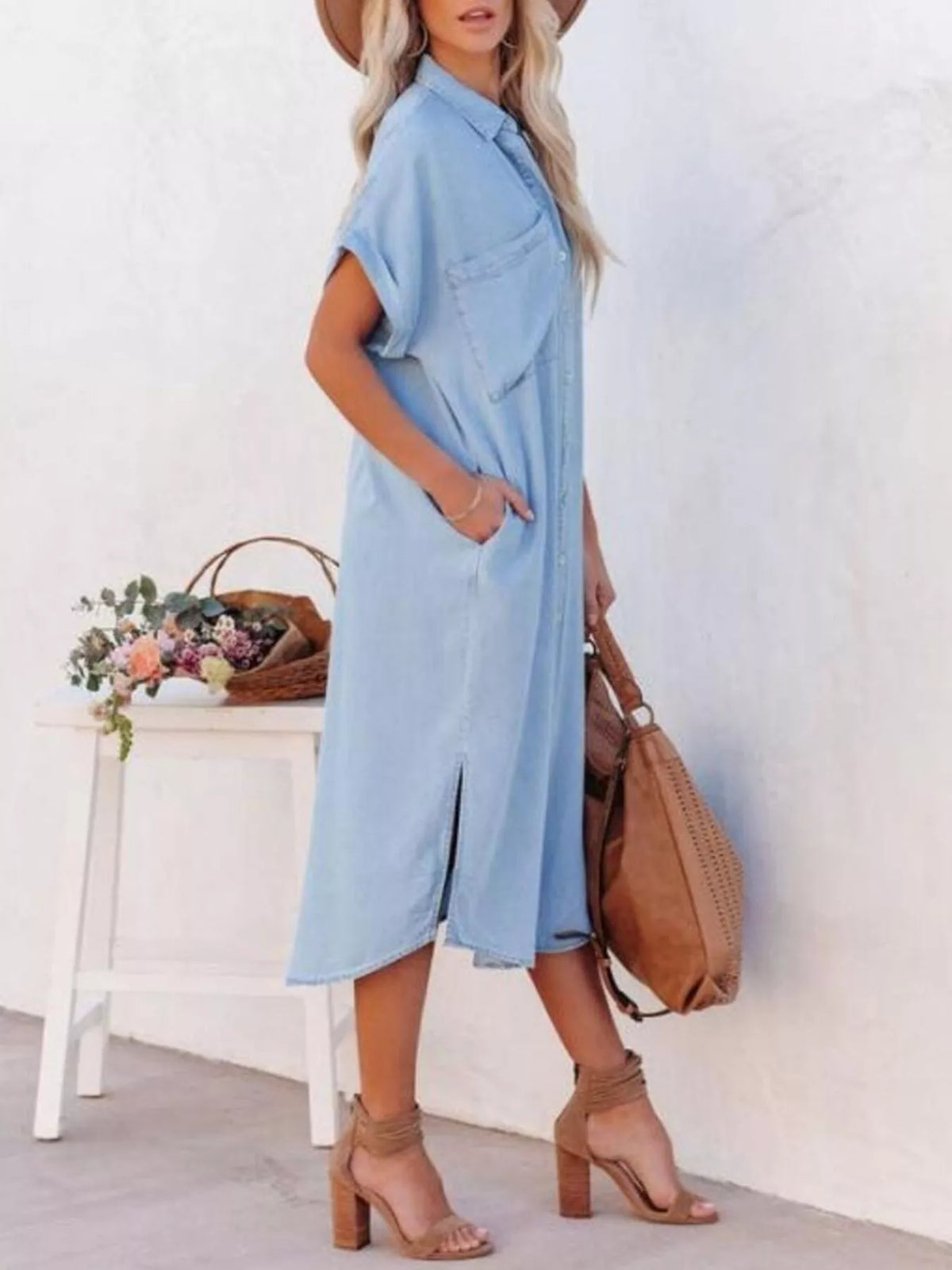 Button-Front Shirt Dress in Light Blue