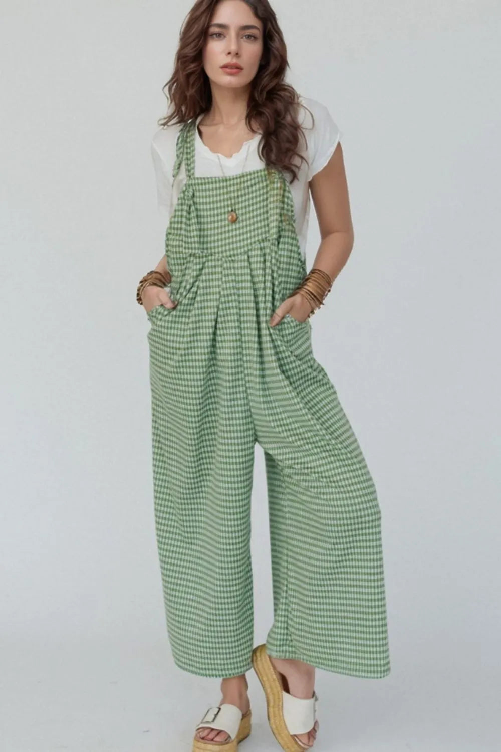 Gingham Wide-Leg Overalls in Lime