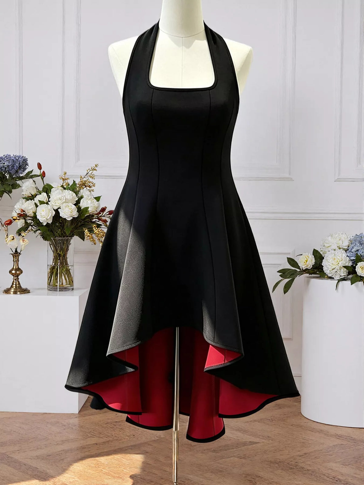High-Low Halter Neck Dress in Black
