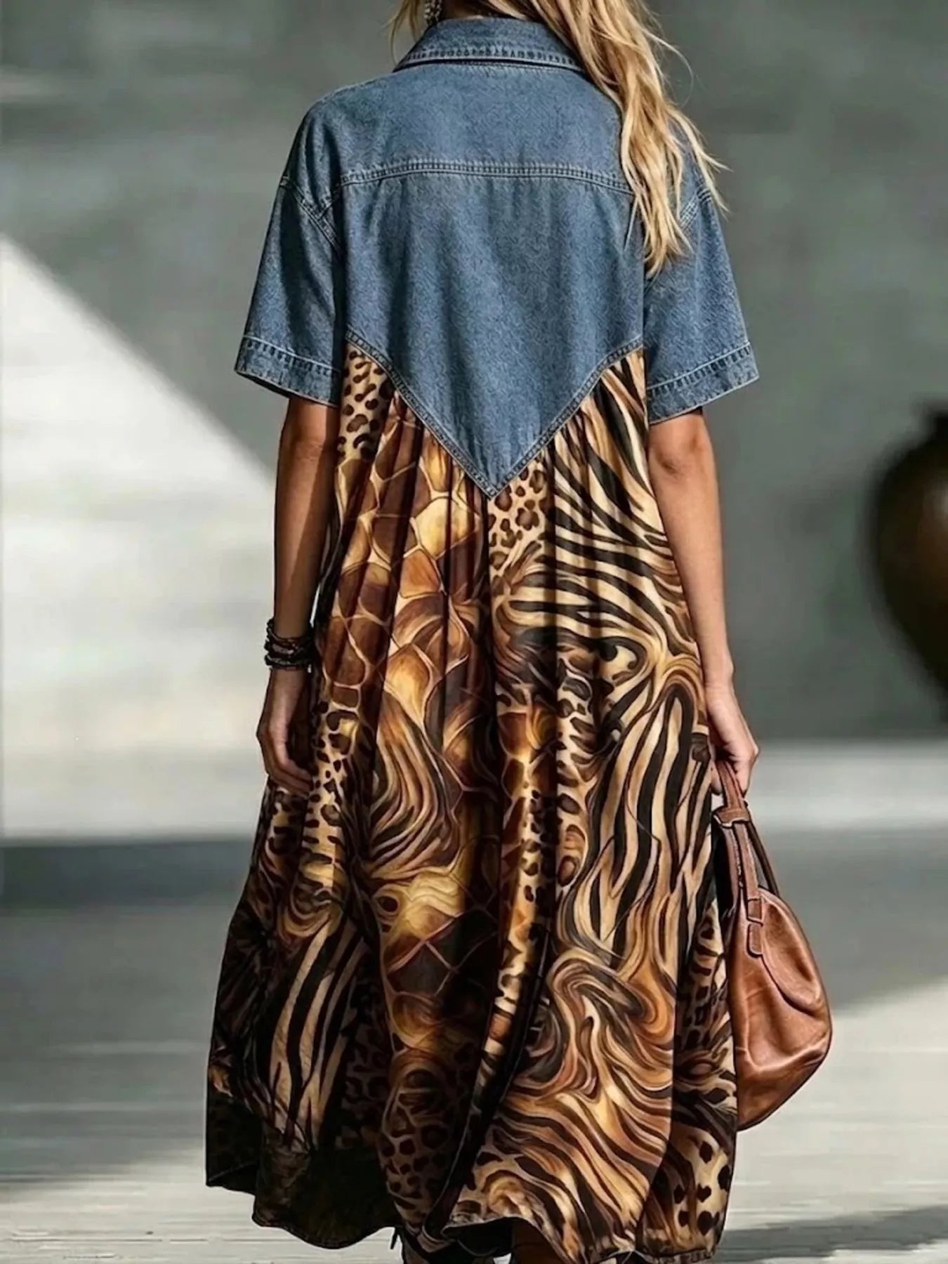Denim Patchwork Print Shirt Dress
