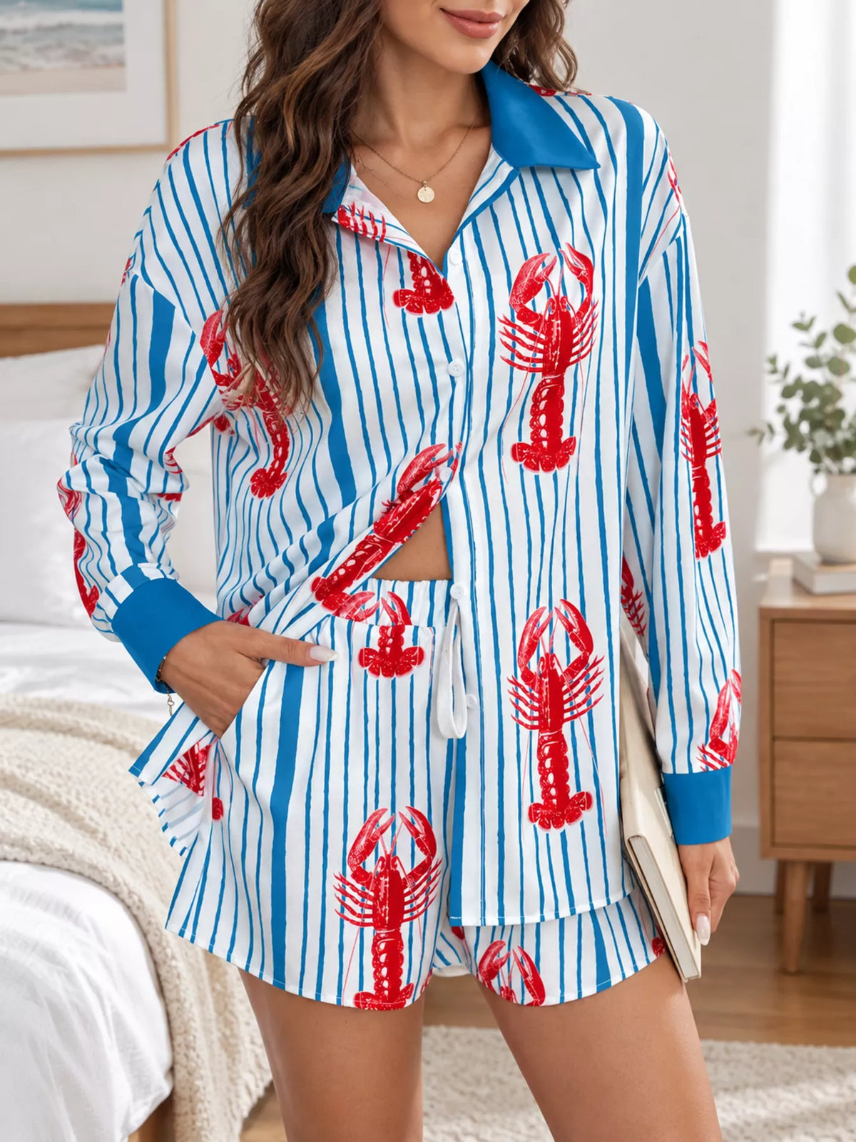 Lobster Print Striped Shirt and Shorts Set in Light Blue