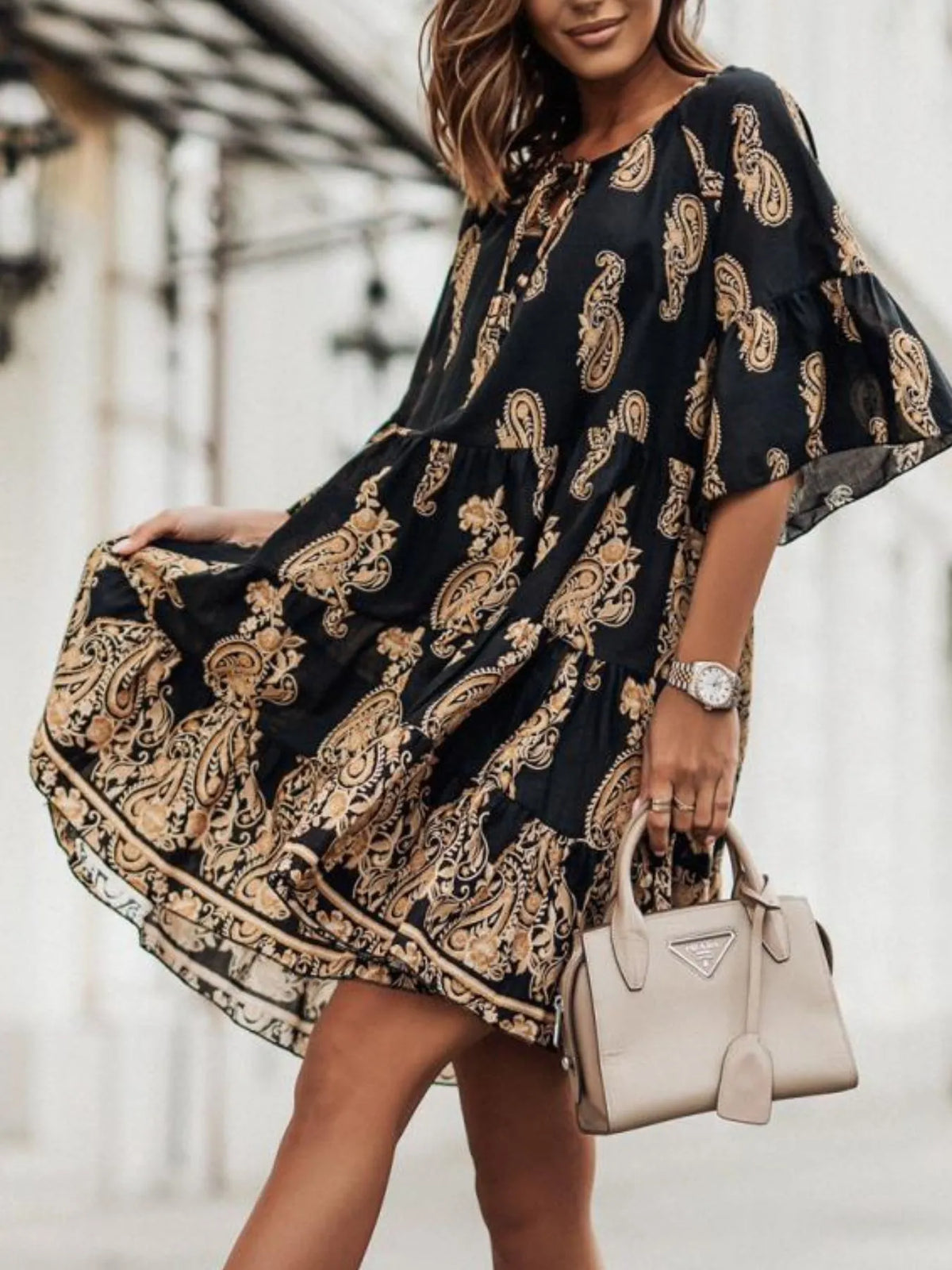 Paisley Tie-Neck Ruffled Half Sleeve Mini Dress