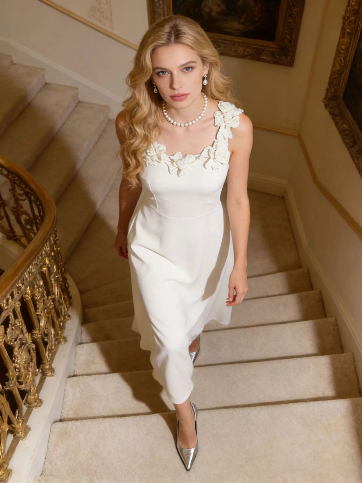 Floral Embellished Sleeveless Midi Dress in White