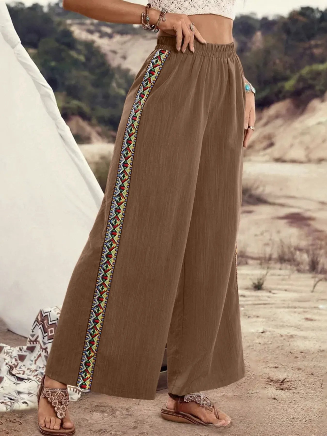 Embroidered Side-Stripe Wide-Leg Pants