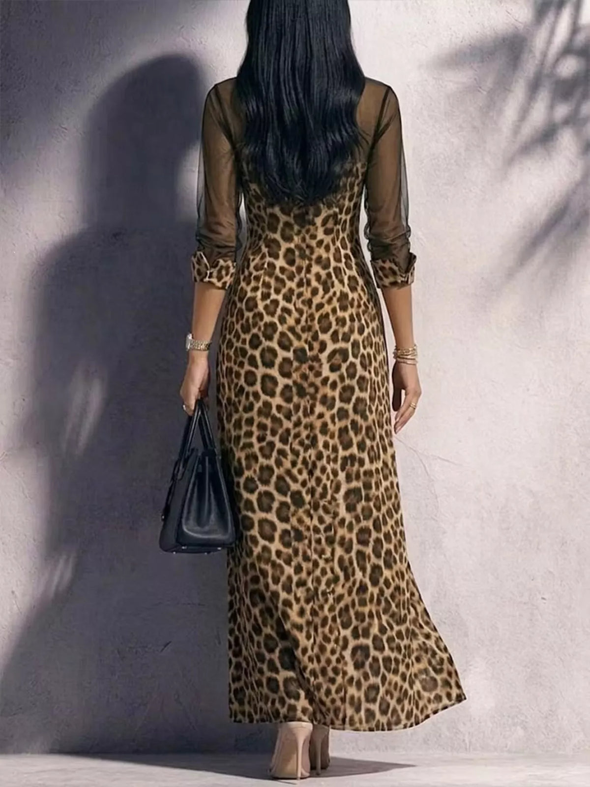 Leopard Sheer Mesh Button-Down Maxi Dress