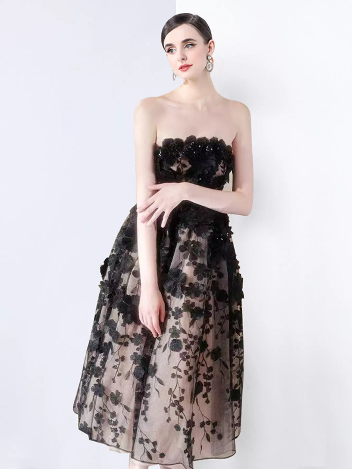 Strapless Floral Applique Midi Dress with Lace Detail