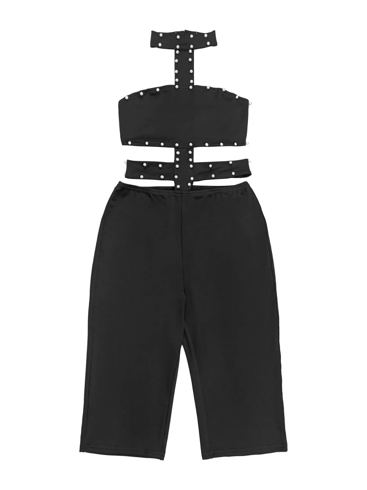 Studded Halter Cut-Out Romper in Black