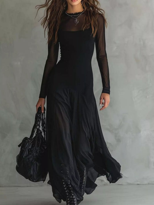 Sheer Mesh Long Sleeve Maxi Dress in Black
