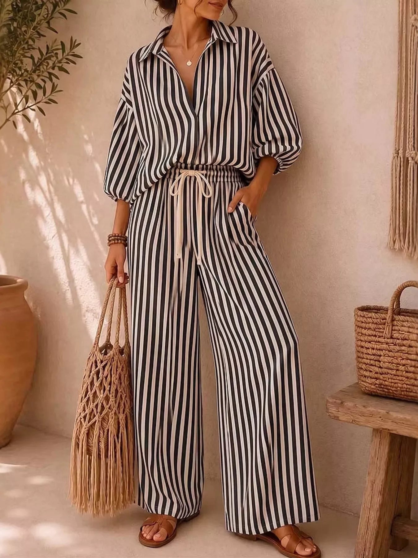 Striped Puff-Sleeve Top and Wide-Leg Pants Set