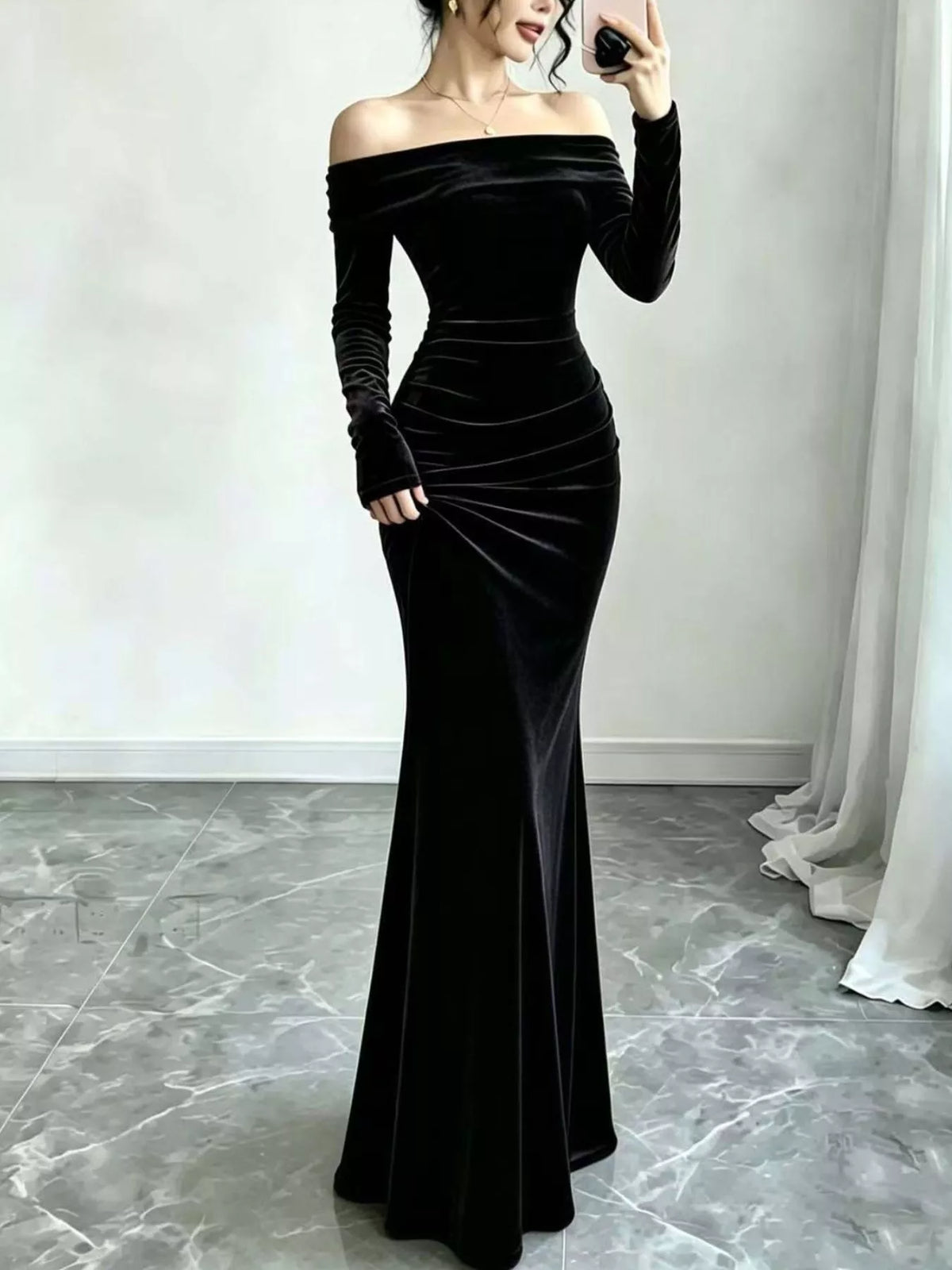 Off-Shoulder Ruched Mermaid Maxi Dress