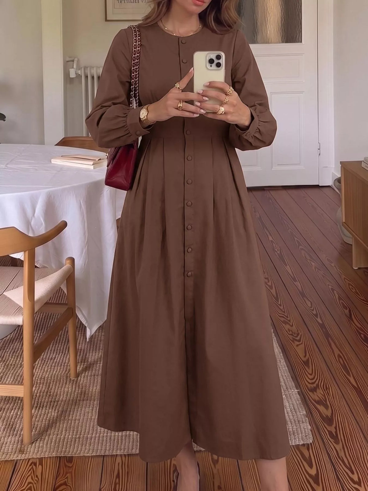 Button-Down Long Sleeve Midi Dress in Coffee Brown