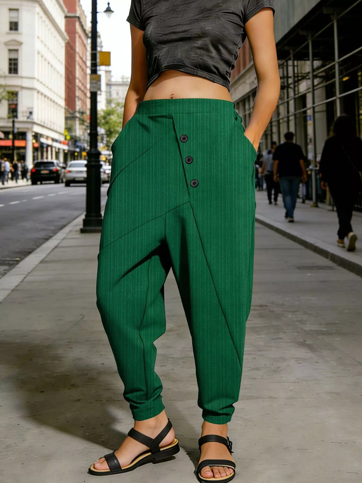 Plus Size Harem Pants with Decorative Buttons