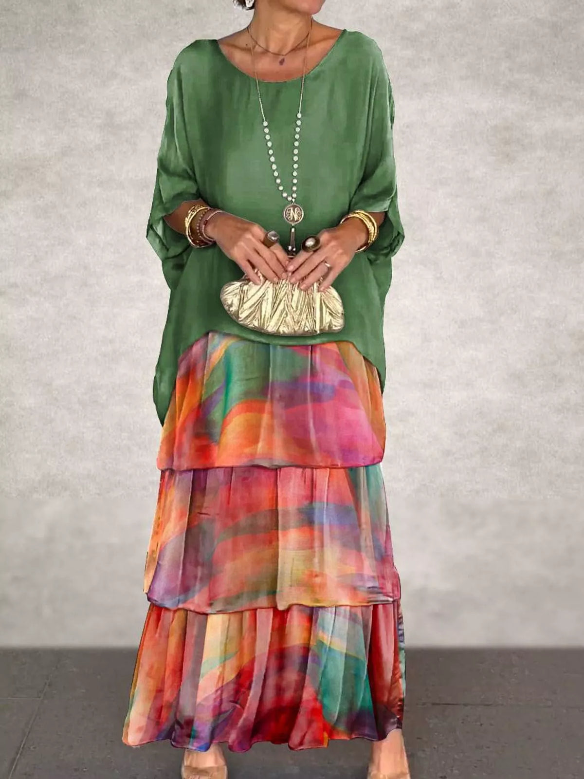 Layered Batwing-Sleeve Tiered Maxi Dress