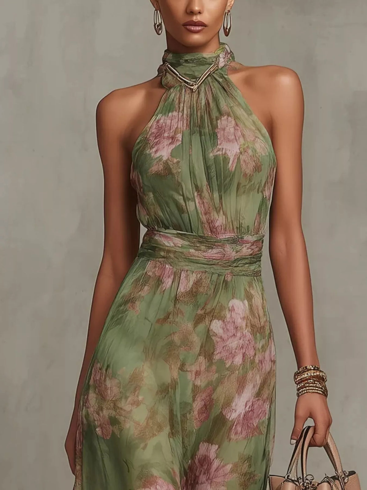Floral Print Sleeveless Maxi Dress in Green
