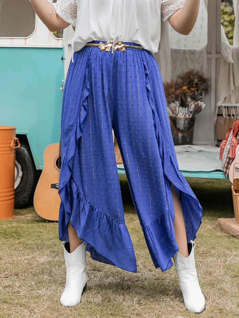 Swiss Dot Ruffled Wide Leg Pants in Royal Blue