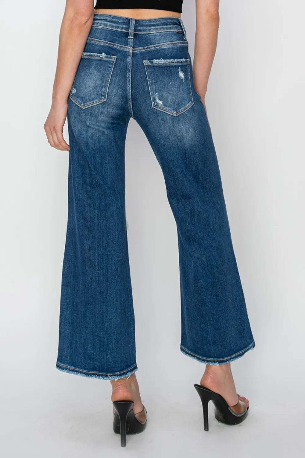 Risen High Rise Patch Detail Wide Leg Crop Jeans in Medium Wash