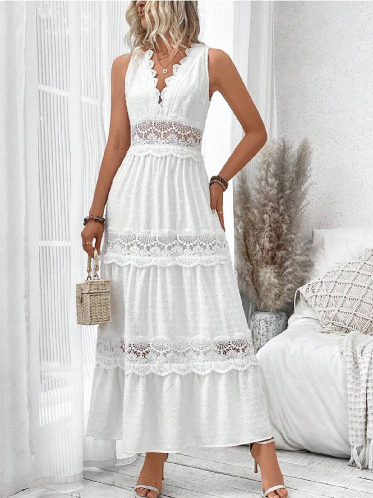 Lace Swiss Dot Sleeveless Maxi Dress in White