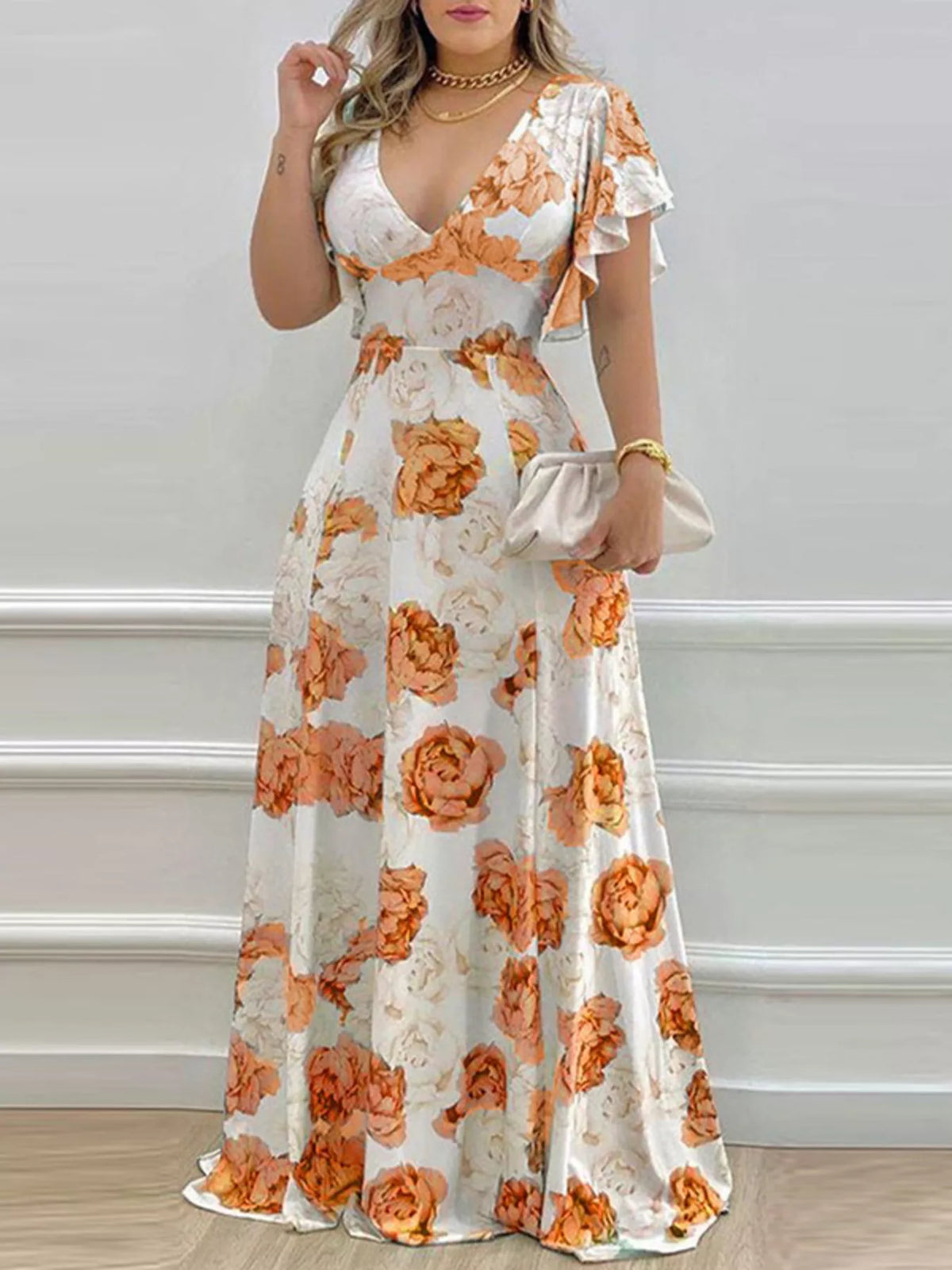 Floral V-Neck Ruffle Sleeve Maxi Dress