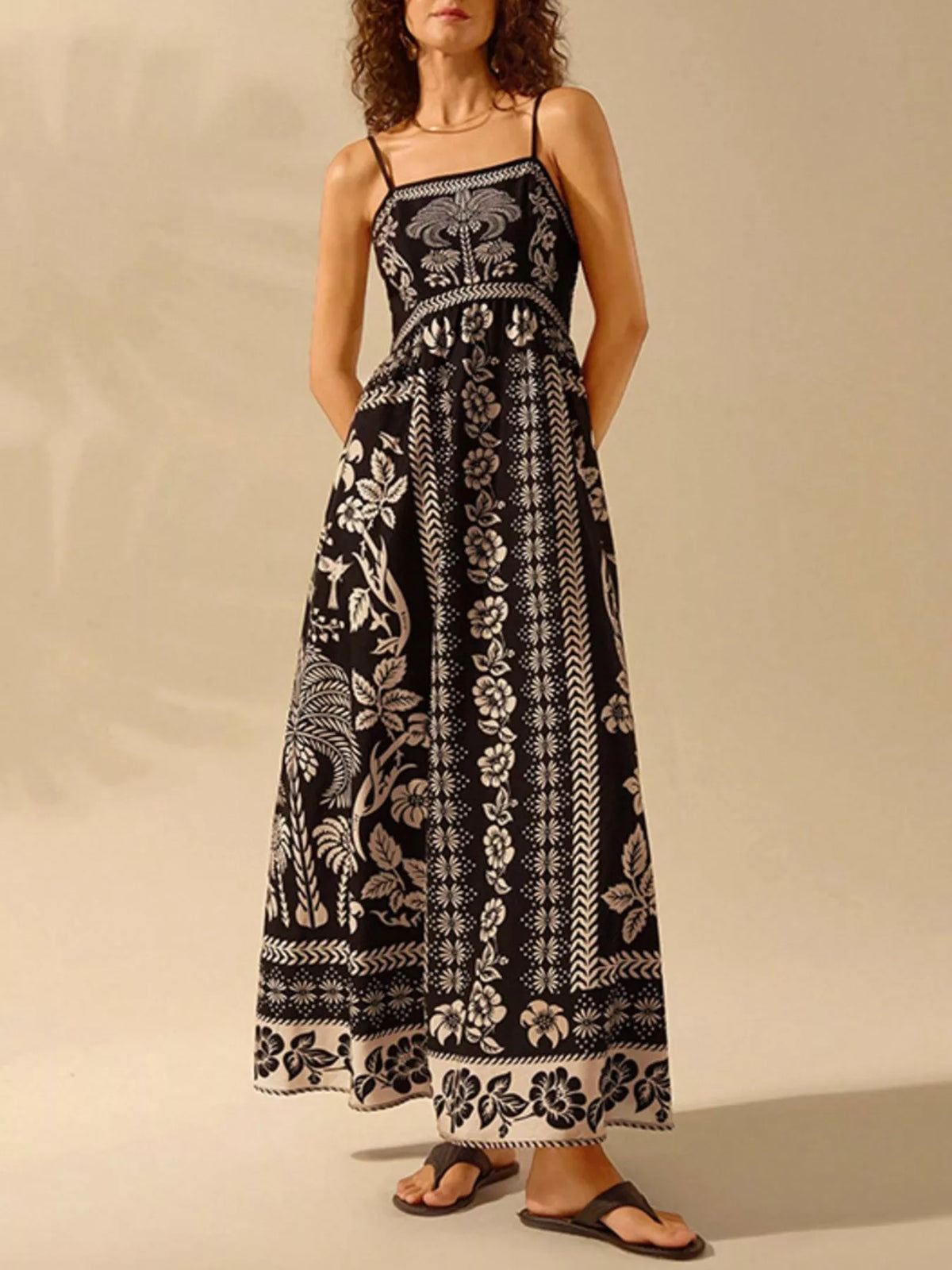 Floral Spaghetti Strap Maxi Dress in Black
