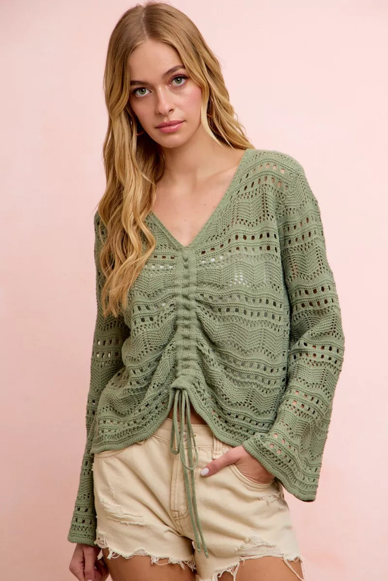 Pointelle V-Neck Ruched Top in Sage Green by BiBi