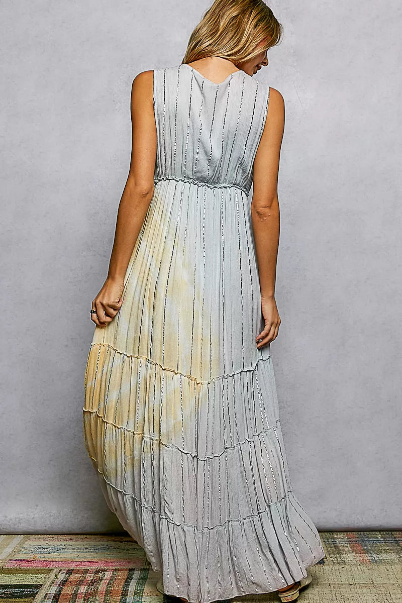 Deep V Tiered Maxi Dress in Light Grey Multi by POL
