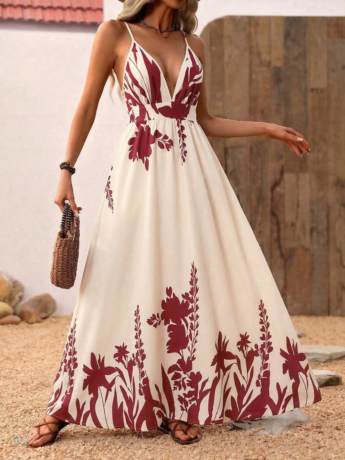 Deep V-Neck Spaghetti Strap Maxi Dress in Red