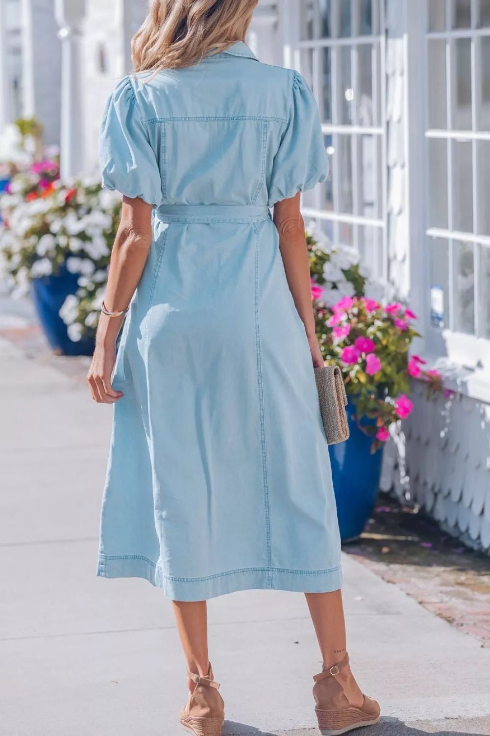 Collared Bubble Sleeve Denim Dress in Light Blue