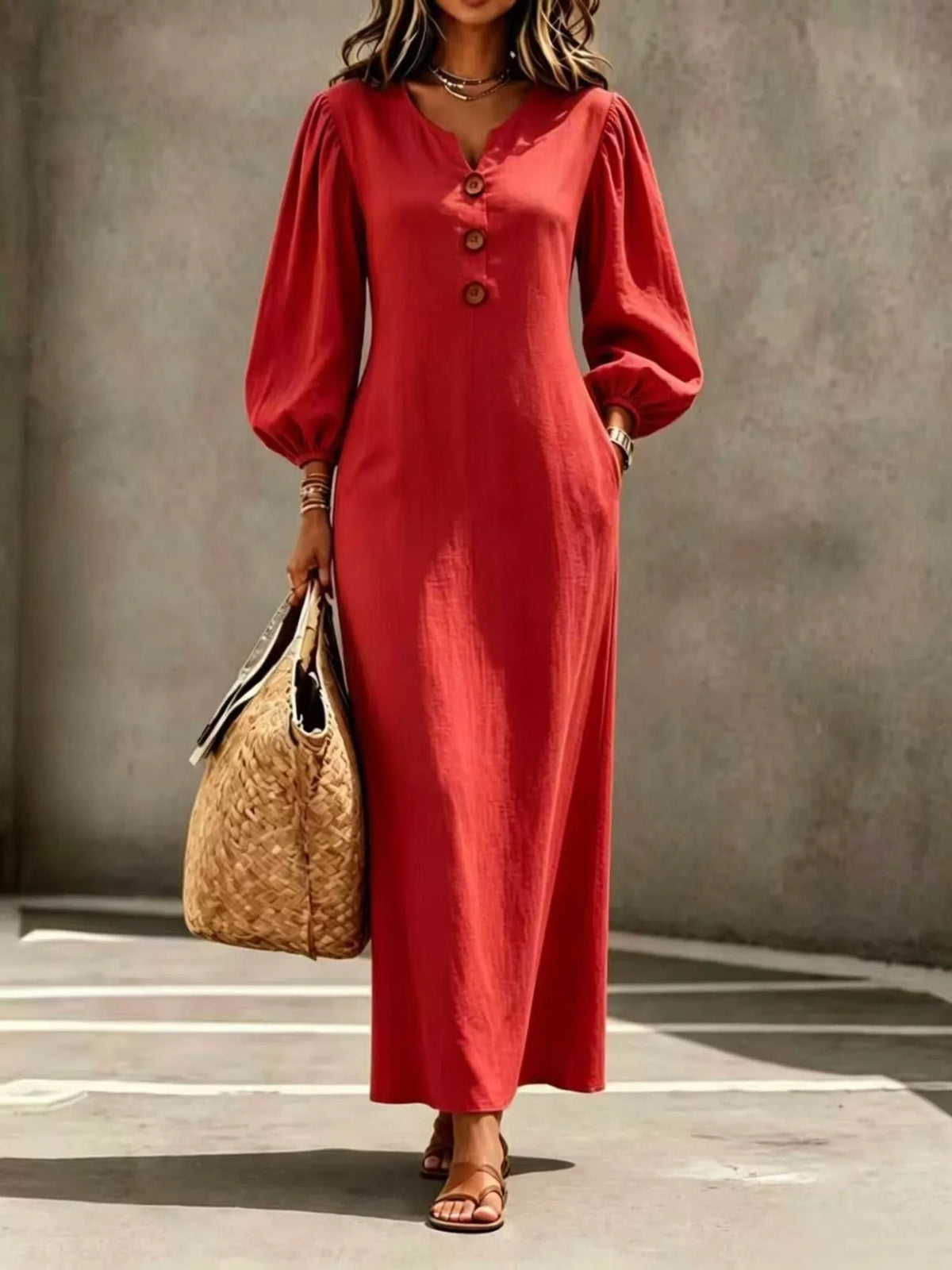 Button Balloon Sleeve Maxi Dress
