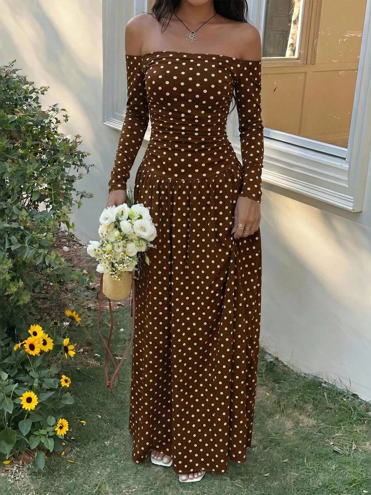 Off-the-Shoulder Ruched Maxi Dress