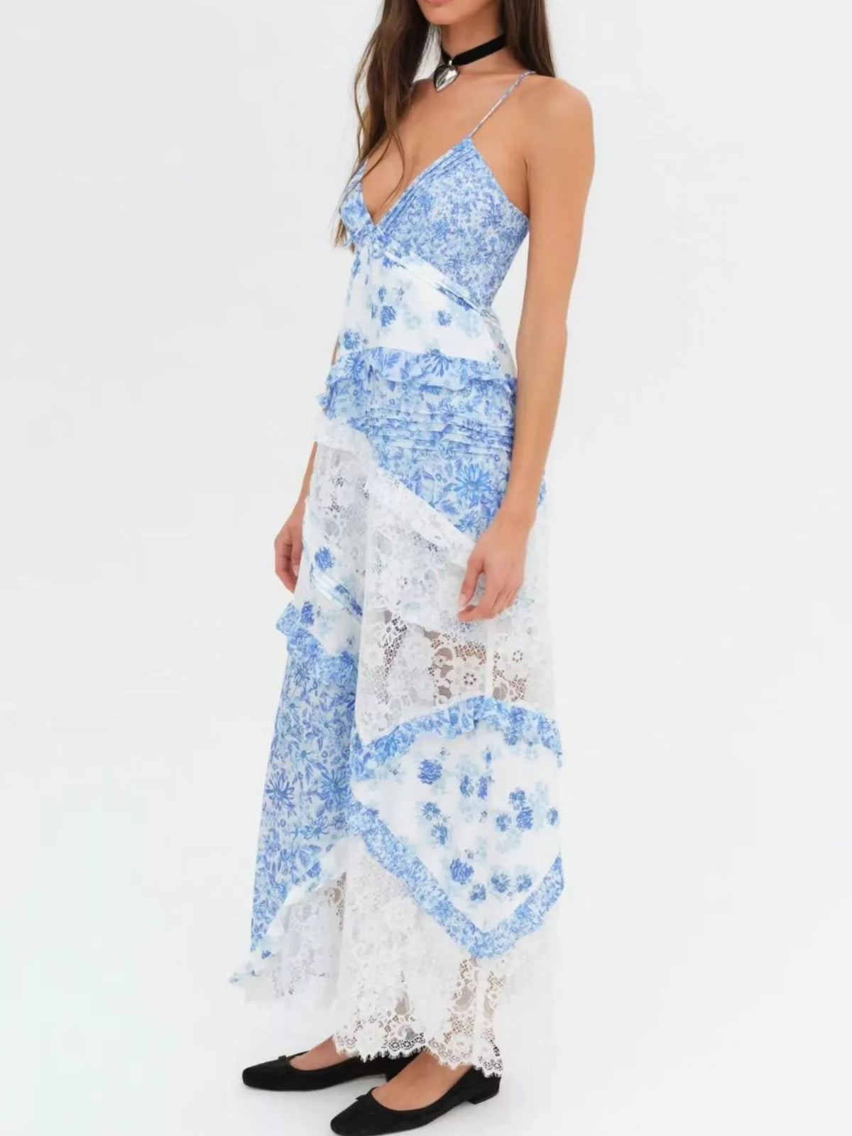 Lace Floral Ruffle Trim Maxi Dress