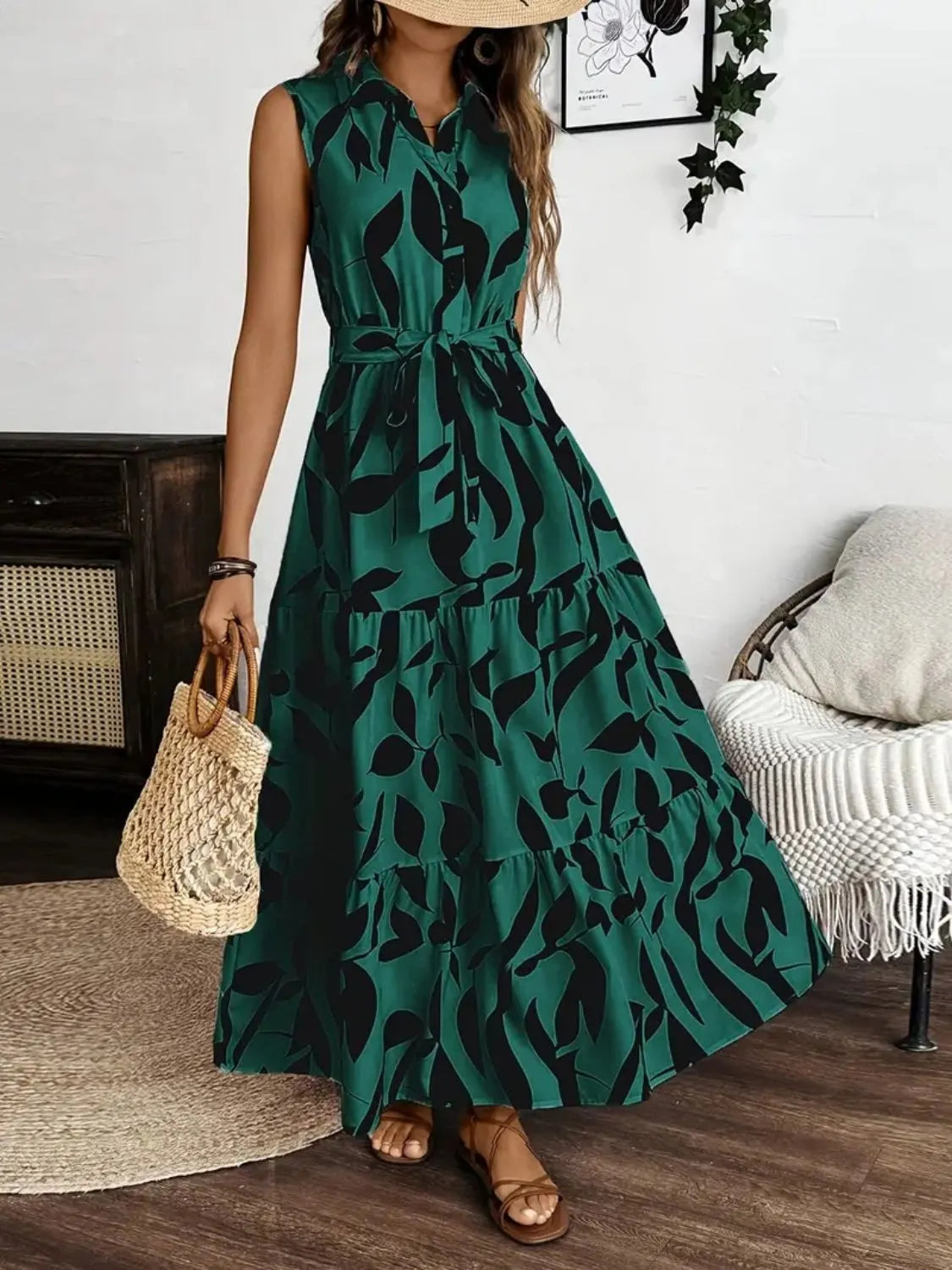 Printed Button-Front Tie-Waist Maxi Dress