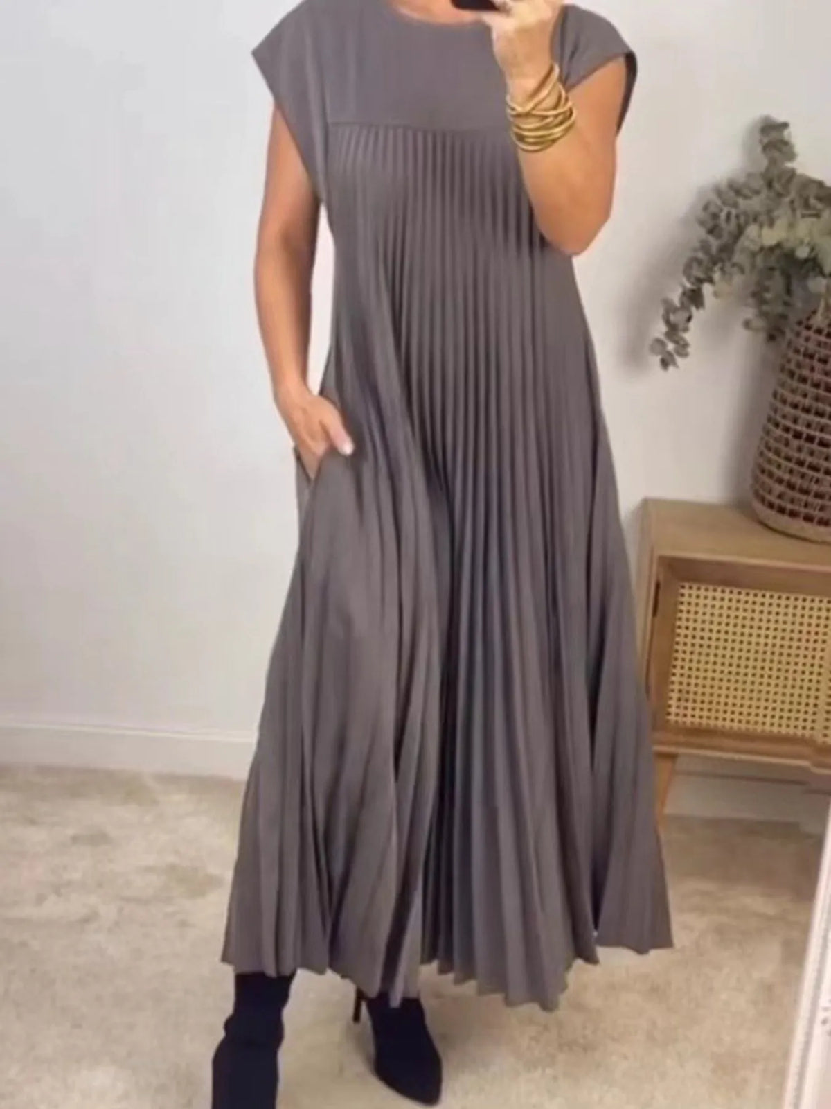 Pleated Round-Neck Maxi Dress with Pockets, Plus Size by Rosaline