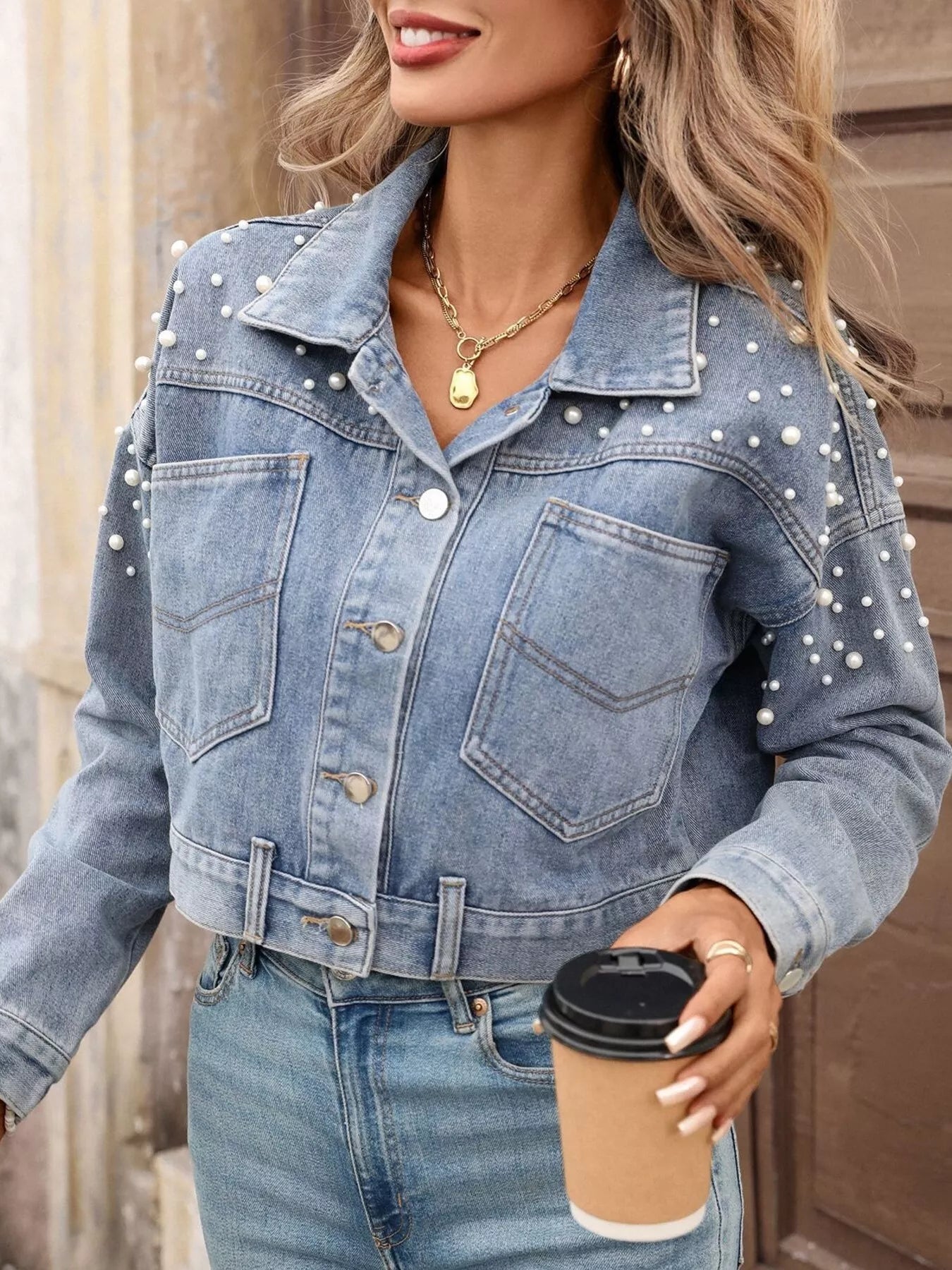 Pearl Embellished Cropped Denim Jacket by Moni Wear