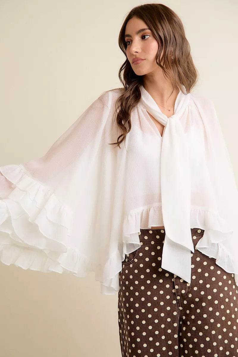 So Me Sheer Ruffle Bell-Sleeve Blouse in White