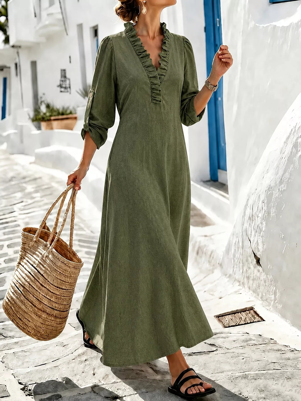 Frill Roll-Up Sleeve Maxi Dress