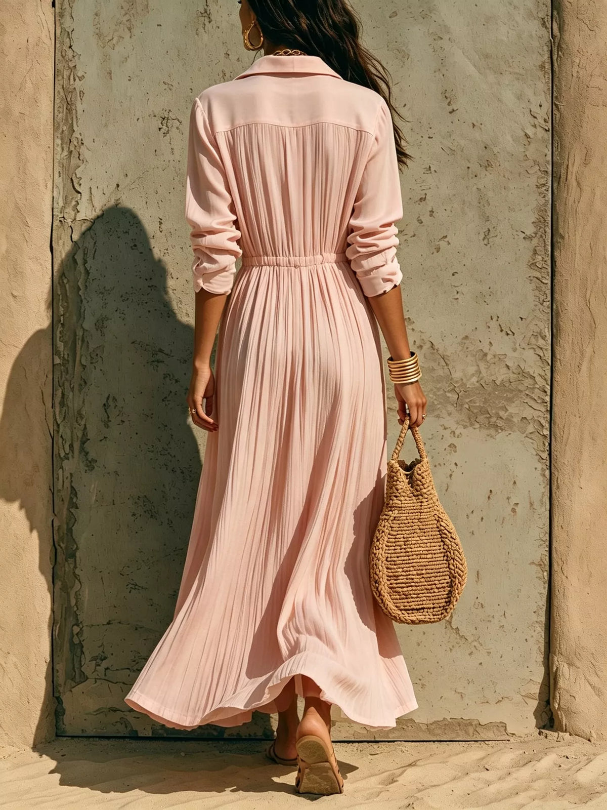 Textured Button Front Long Sleeve Maxi Dress