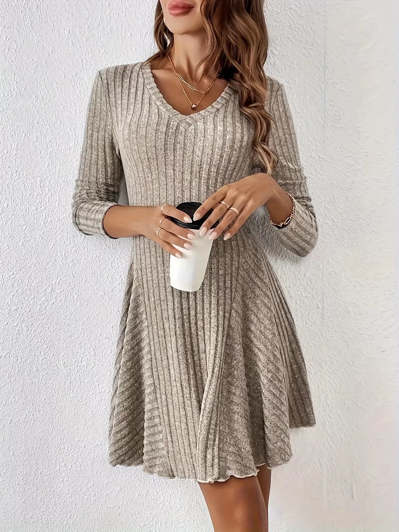 V-Neck Ribbed Knit Flared Dress