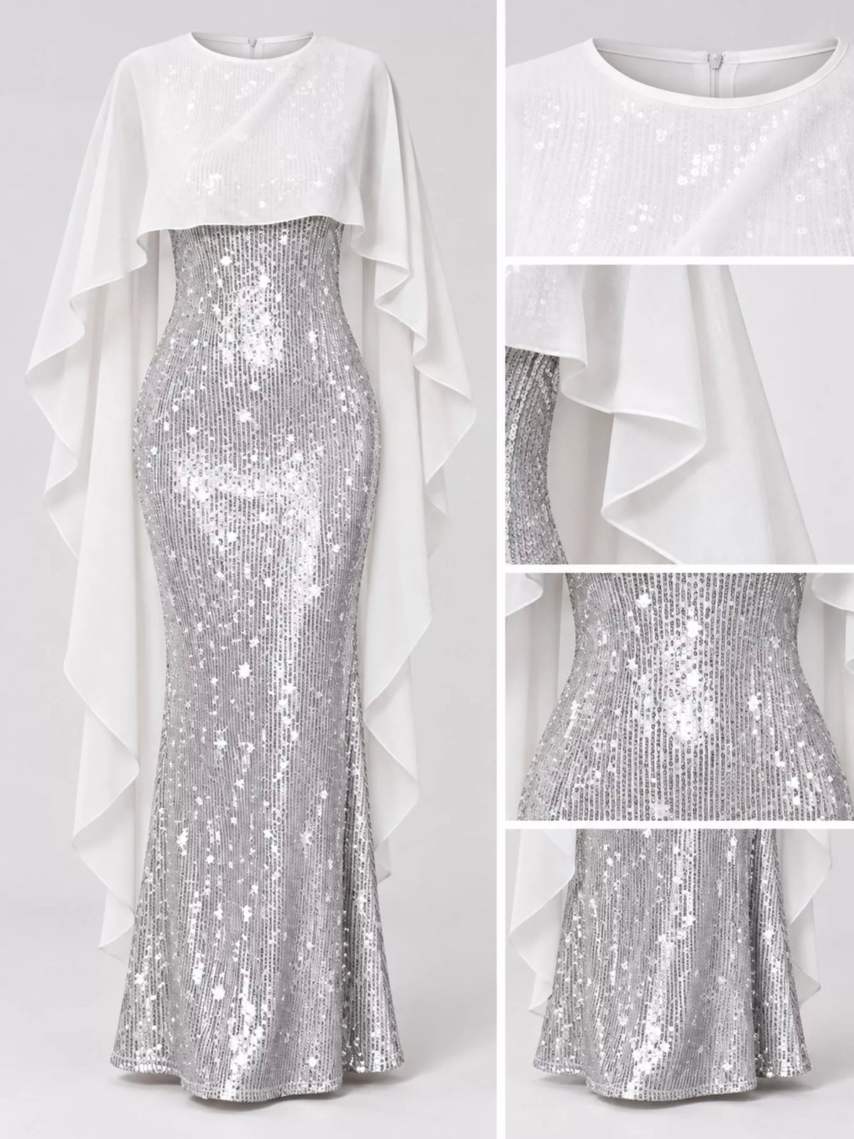 Sequin Cape-Overlay Evening Dress