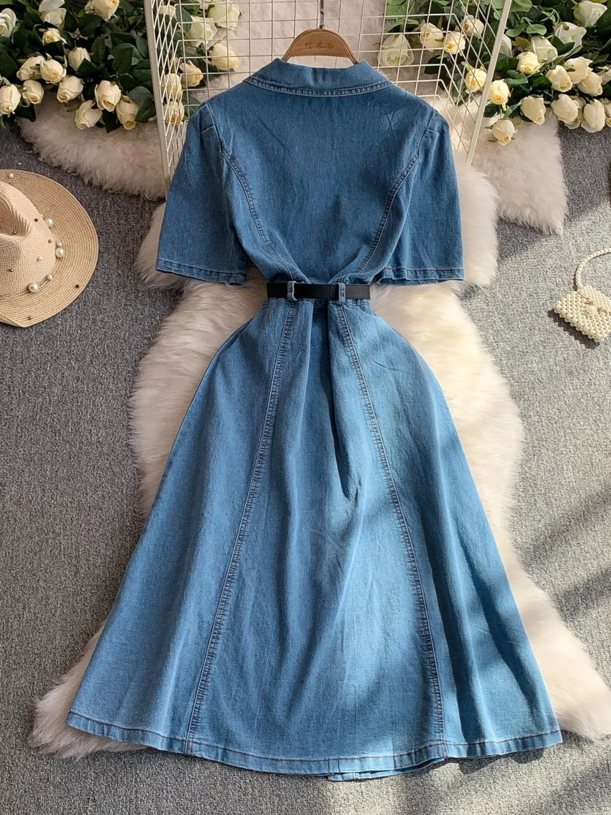 Button Front Short Sleeve Denim Dress