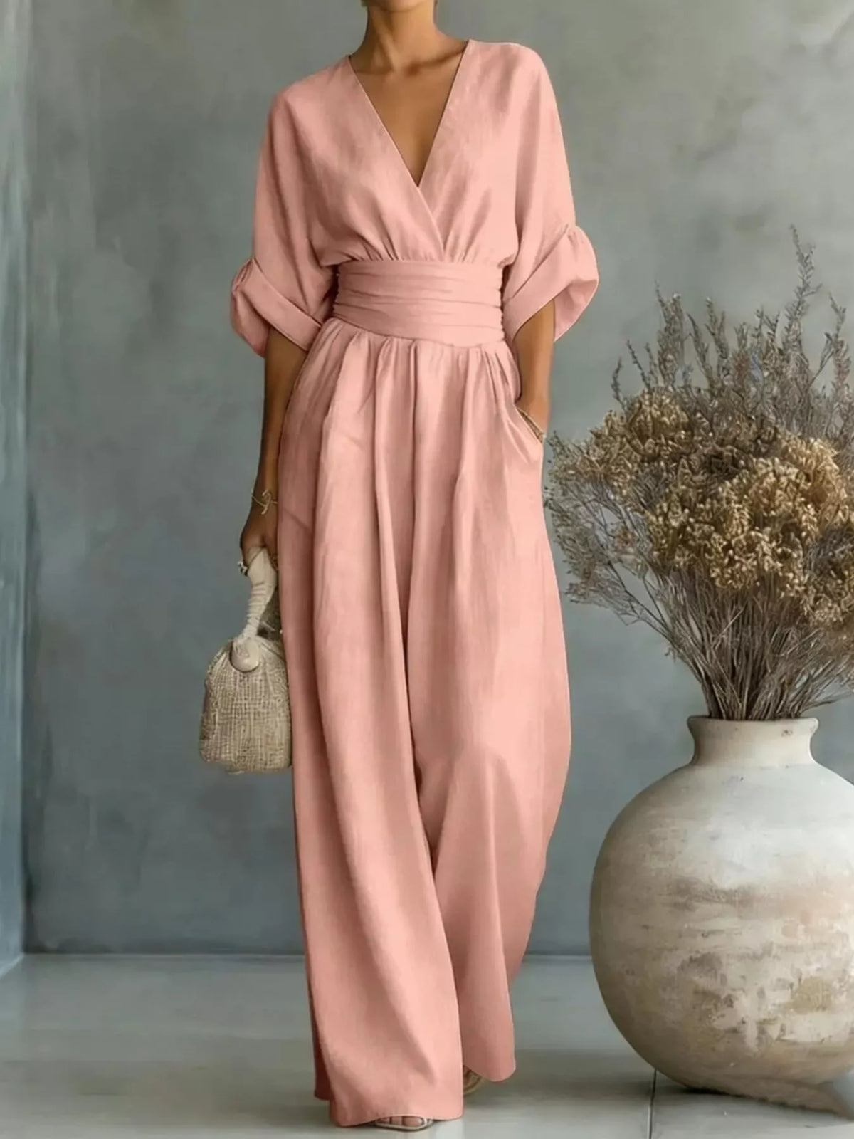 Ruched Half Sleeve Wide-Leg Jumpsuit