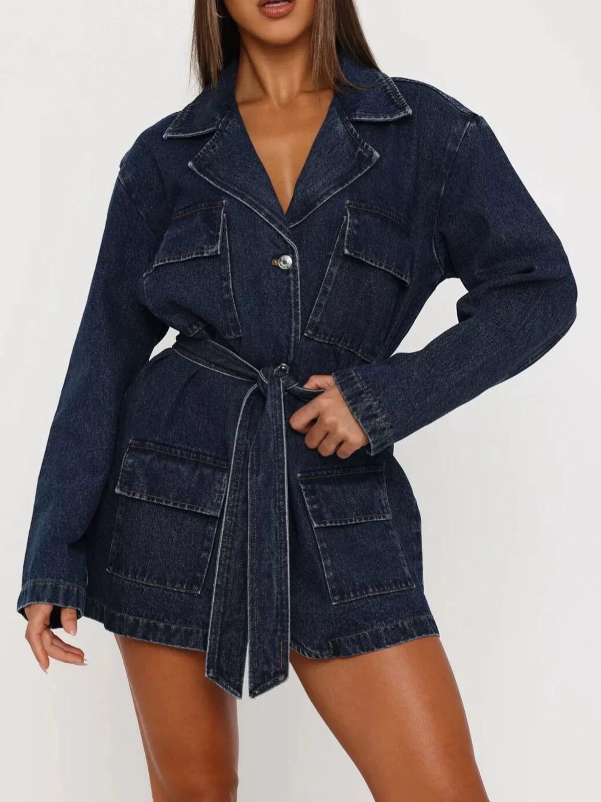 Belted Longline Denim Jacket in Dark Blue