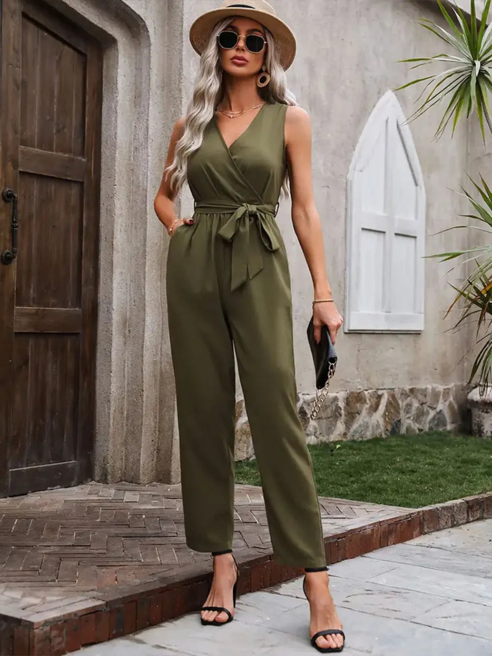 Surplice Tie Waist Jumpsuit in Army Green