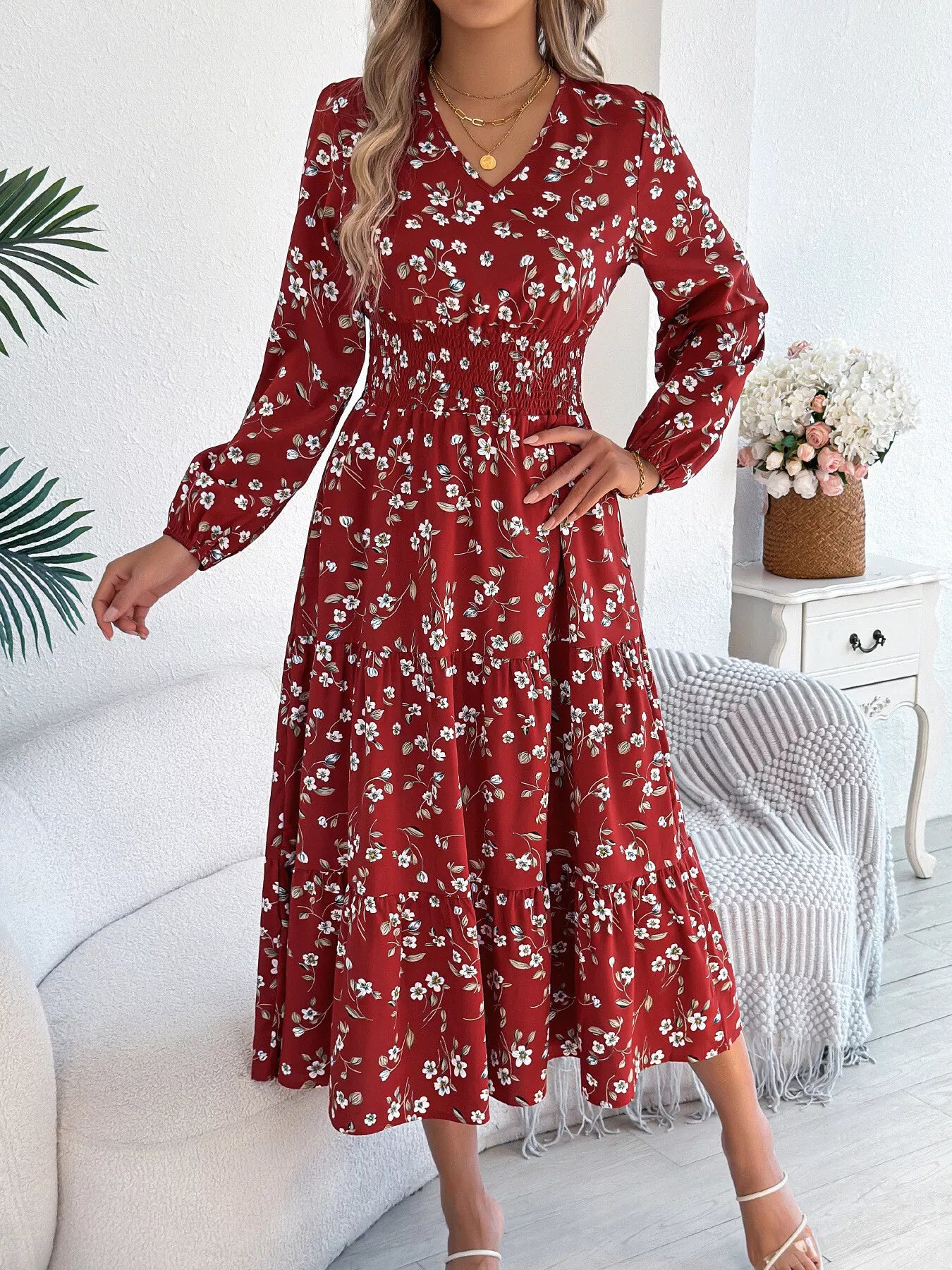 Floral Print Tiered Midi Dress