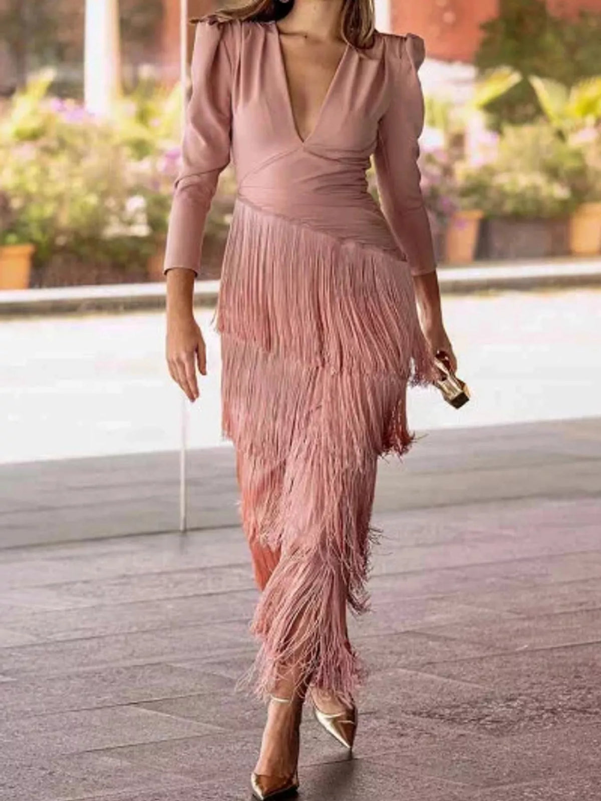 Fringed V-Neck Puff Sleeve Maxi Dress