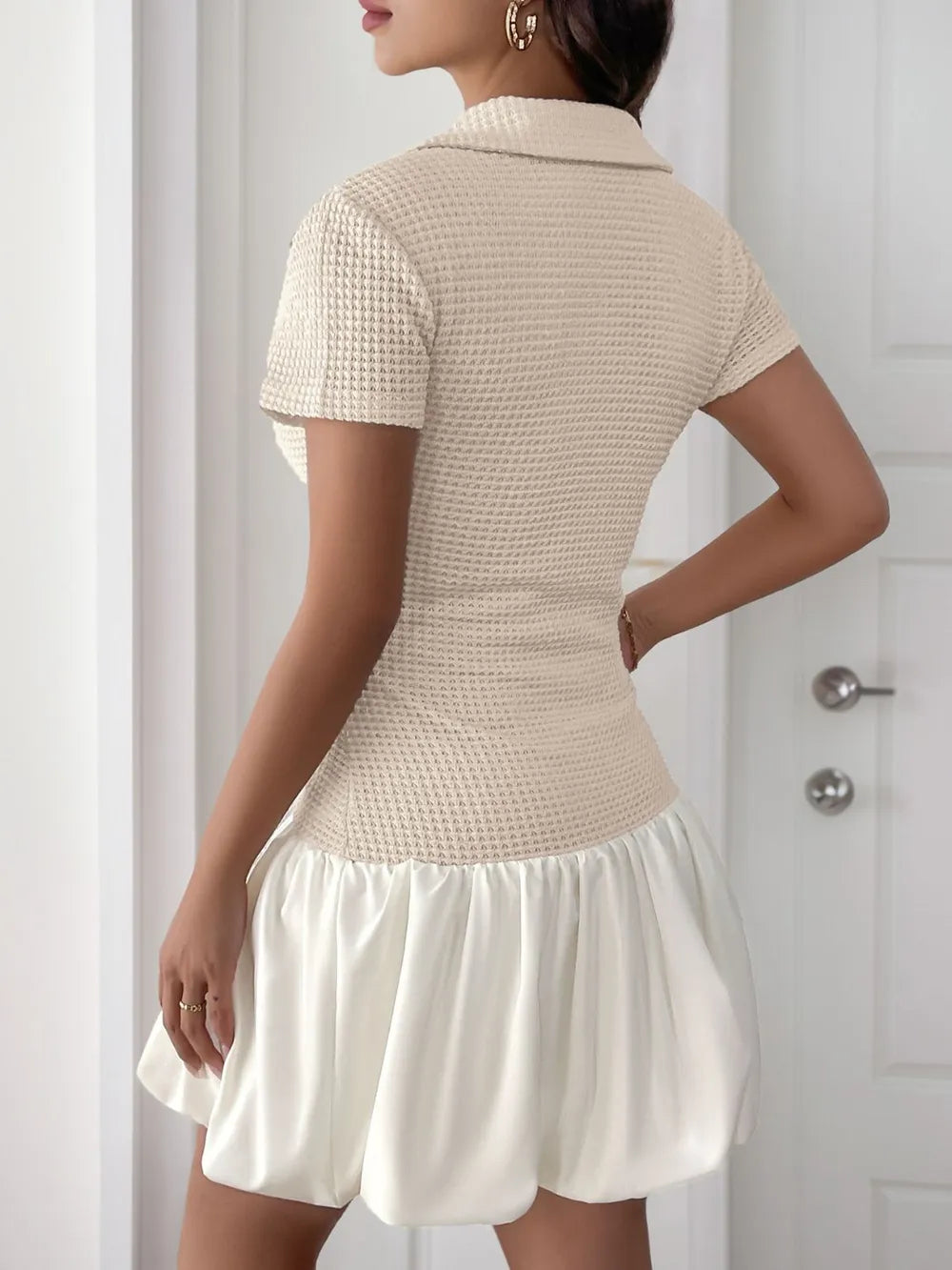 Johnny Collar Short Sleeve Mini Dress in Tan