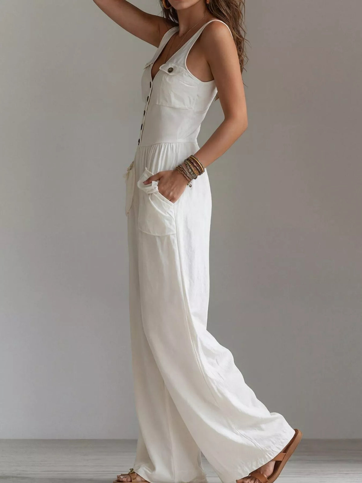 Sleeveless Button-Front Jumpsuit in White