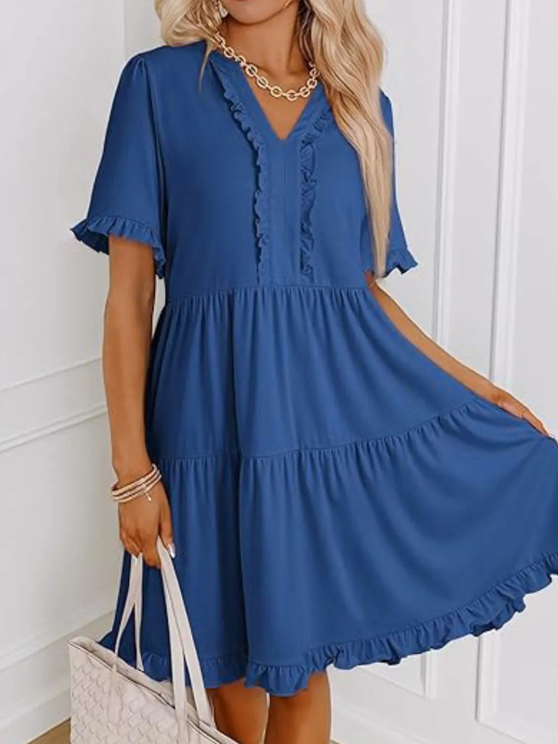 Tiered Notched Short Sleeve Mini Dress by Gen Beauty