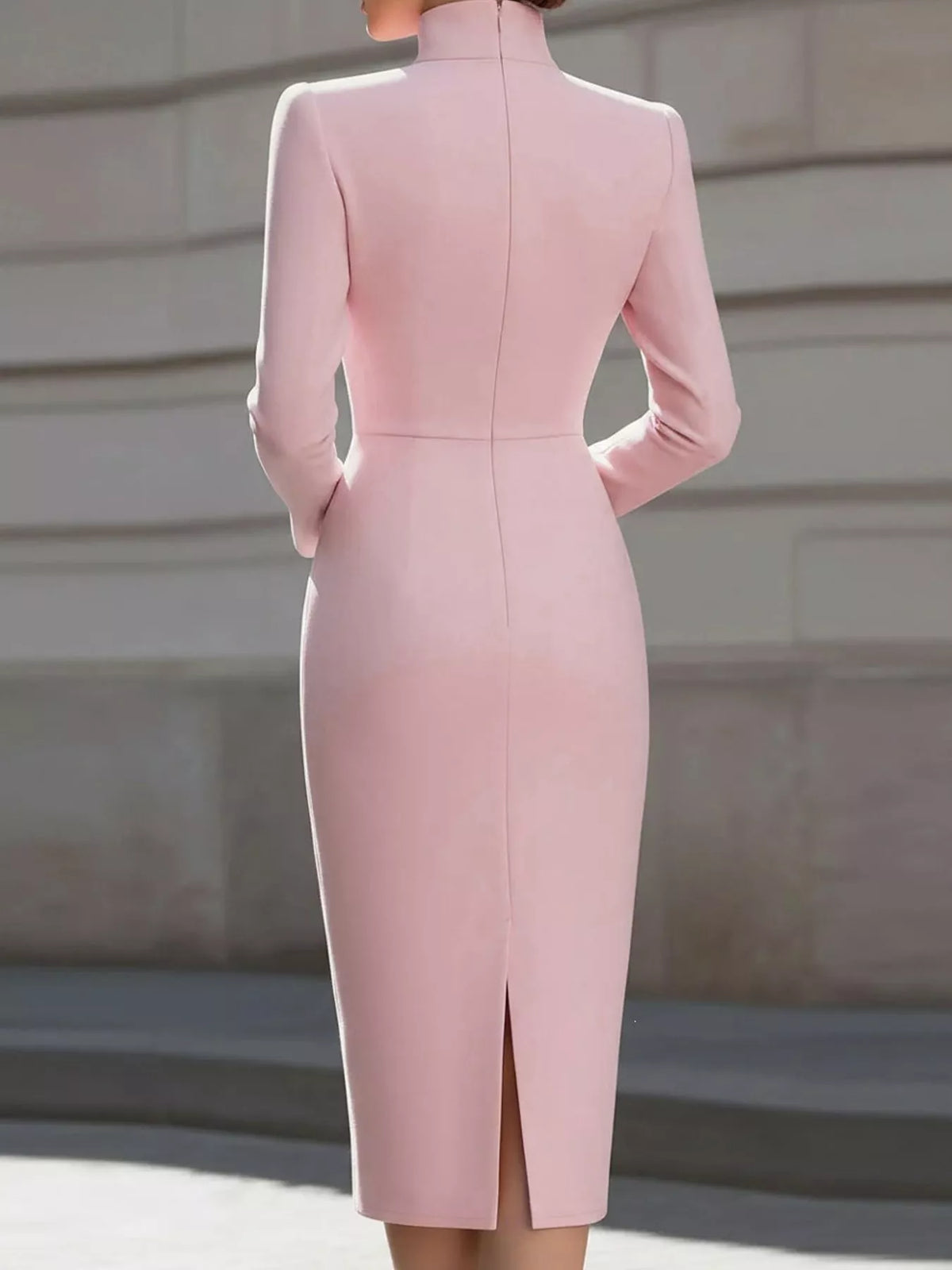 Plus Size Stand-Collar Long-Sleeve Midi Dress