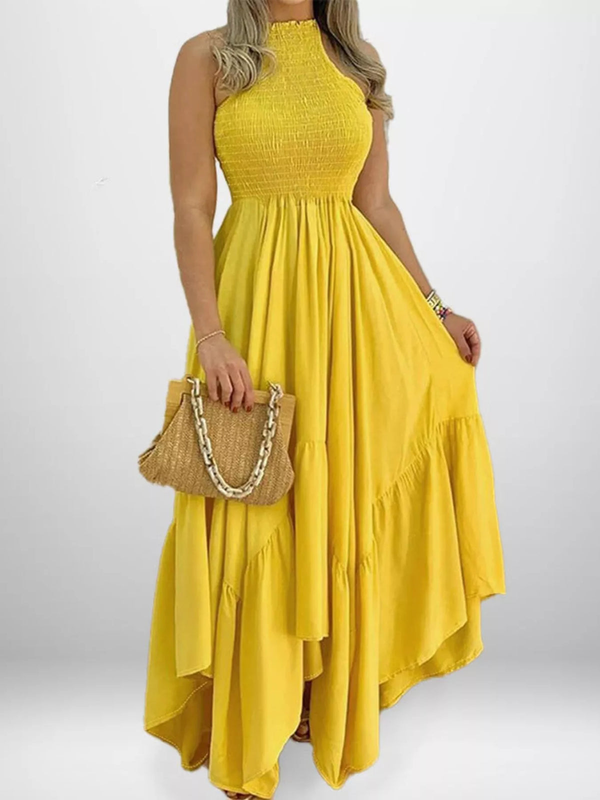 Smocked Sleeveless Ruffle Hem Maxi Dress